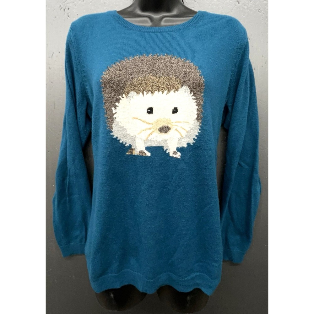 Talbots Hedgehog Sweater M Pet Teal Blue Wool Blend Crew Neck‎ Back Zip Preppy